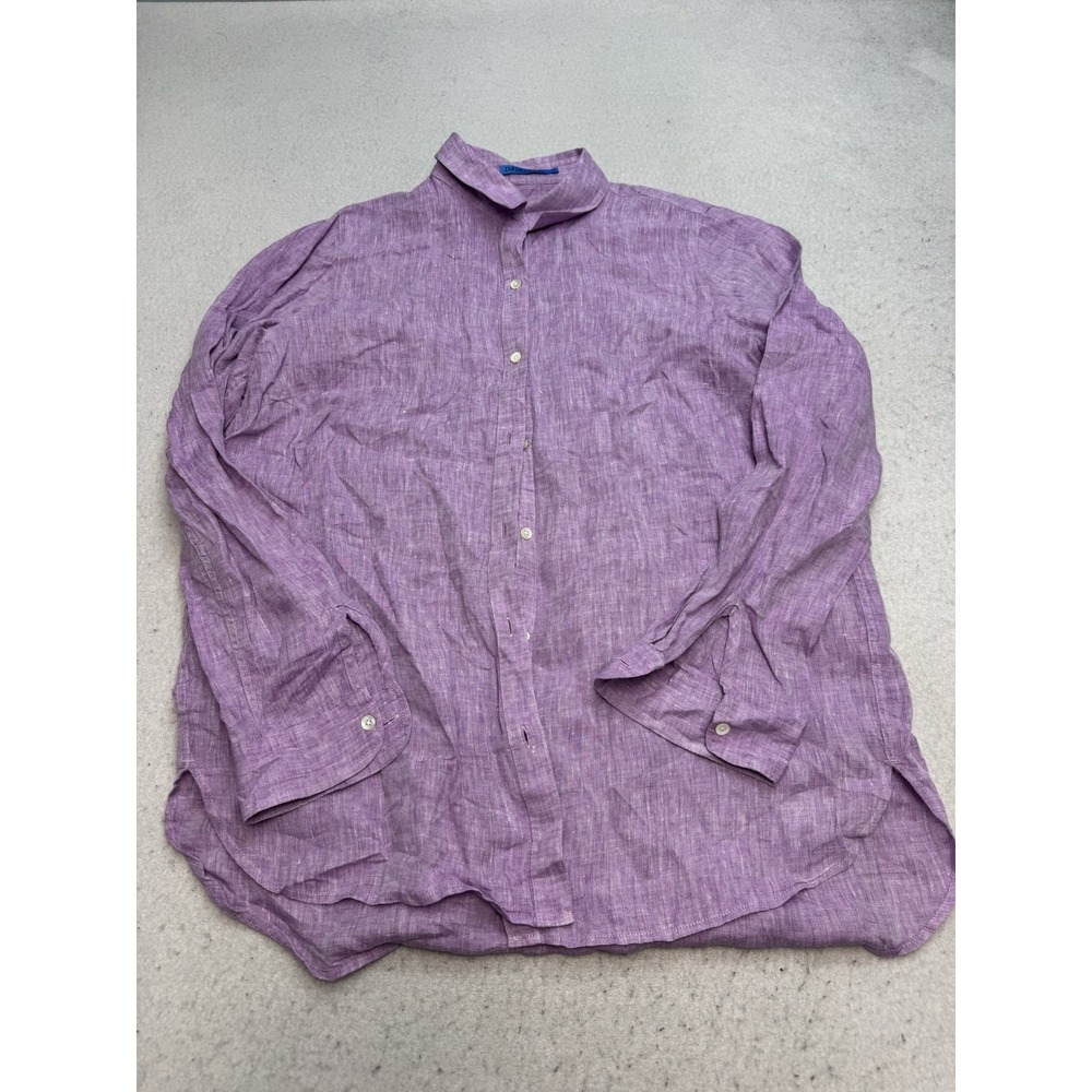 J McLaughlin Shirt Mens Medium Purple Linen Long Sleeve Band Collar Casual